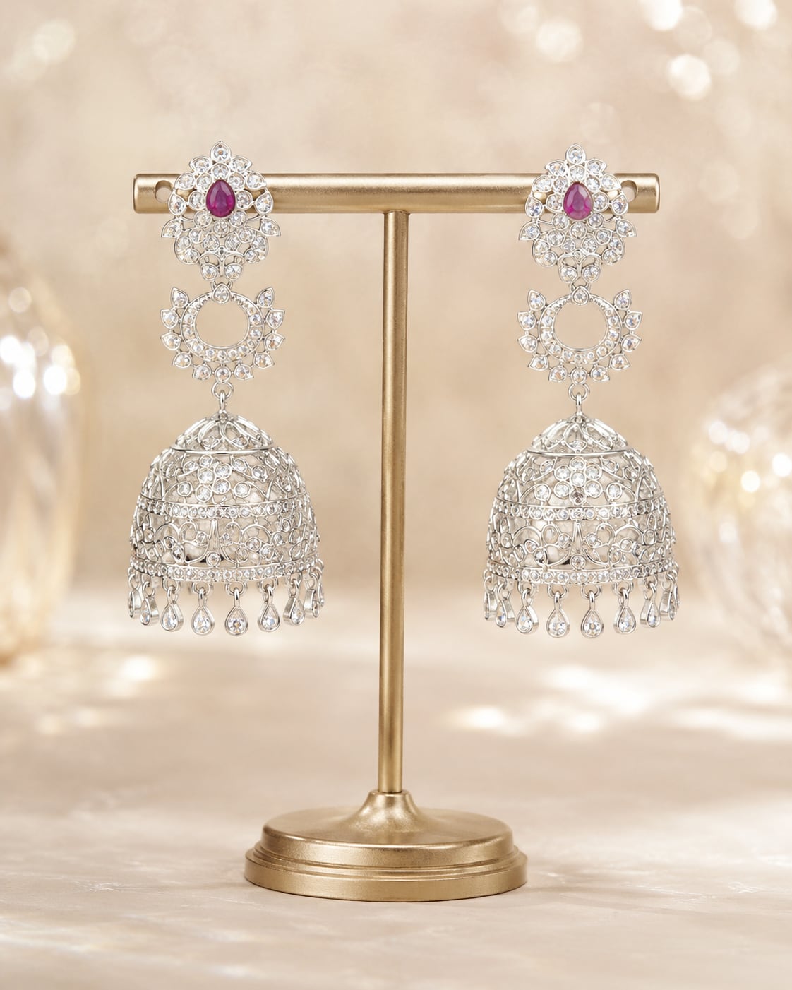 Pink Silver Rhodium CZ Three Tier Jhumka Earrings - display view – front view