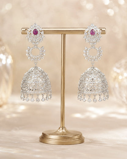 Pink Silver Rhodium CZ Three Tier Jhumka Earrings - display view – front view