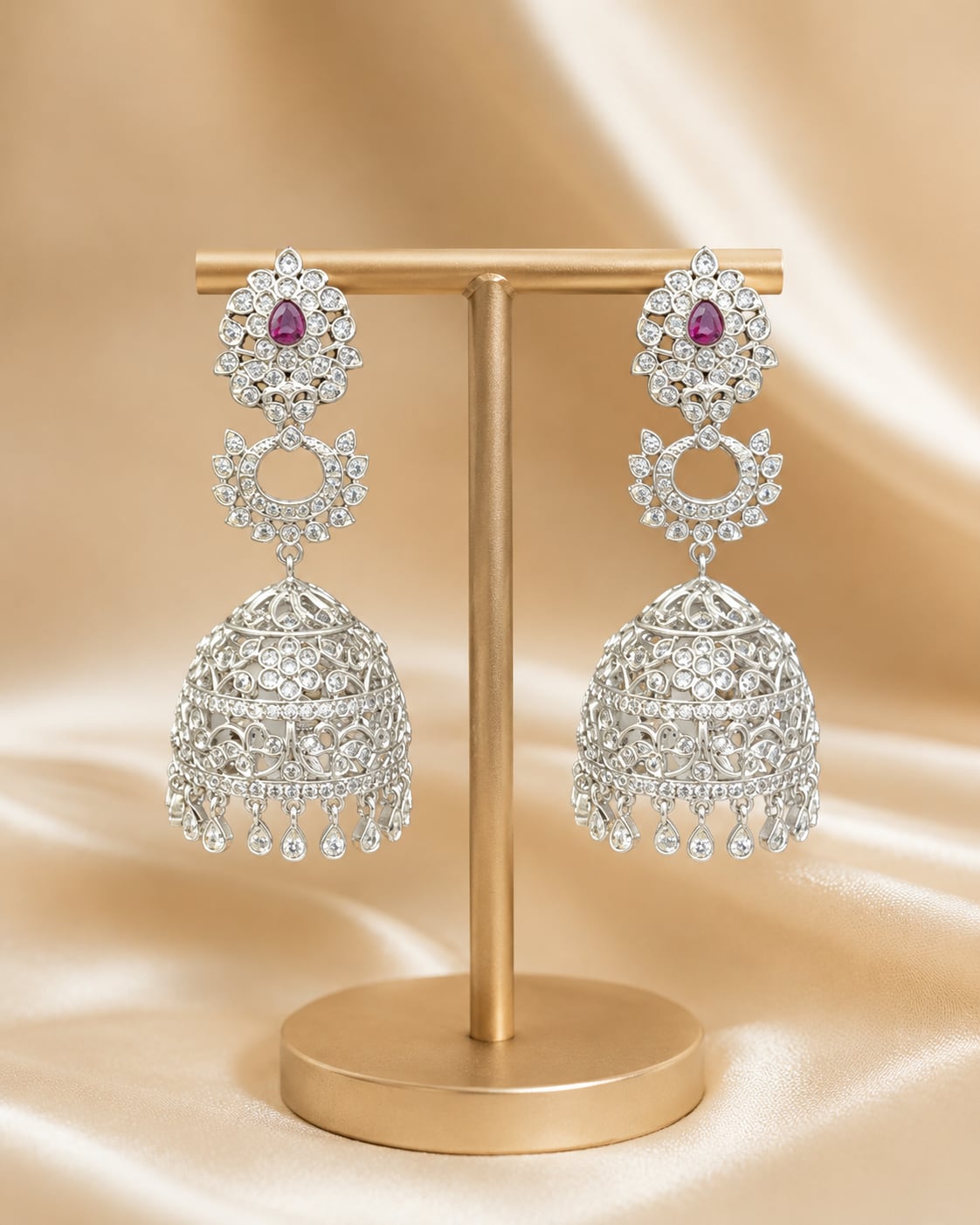 Pink Silver Rhodium CZ Three Tier Jhumka Earrings - main catalogue view – view 5