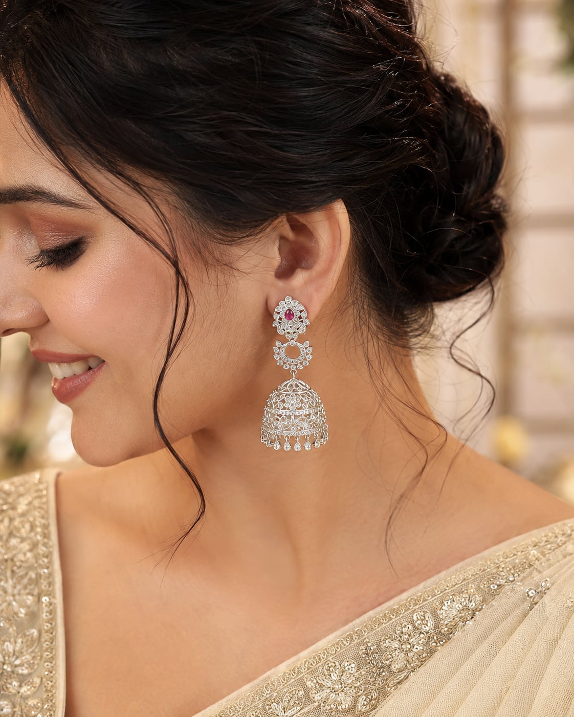 Pink Silver Rhodium CZ Three Tier Jhumka Earrings - model styling view – view 2