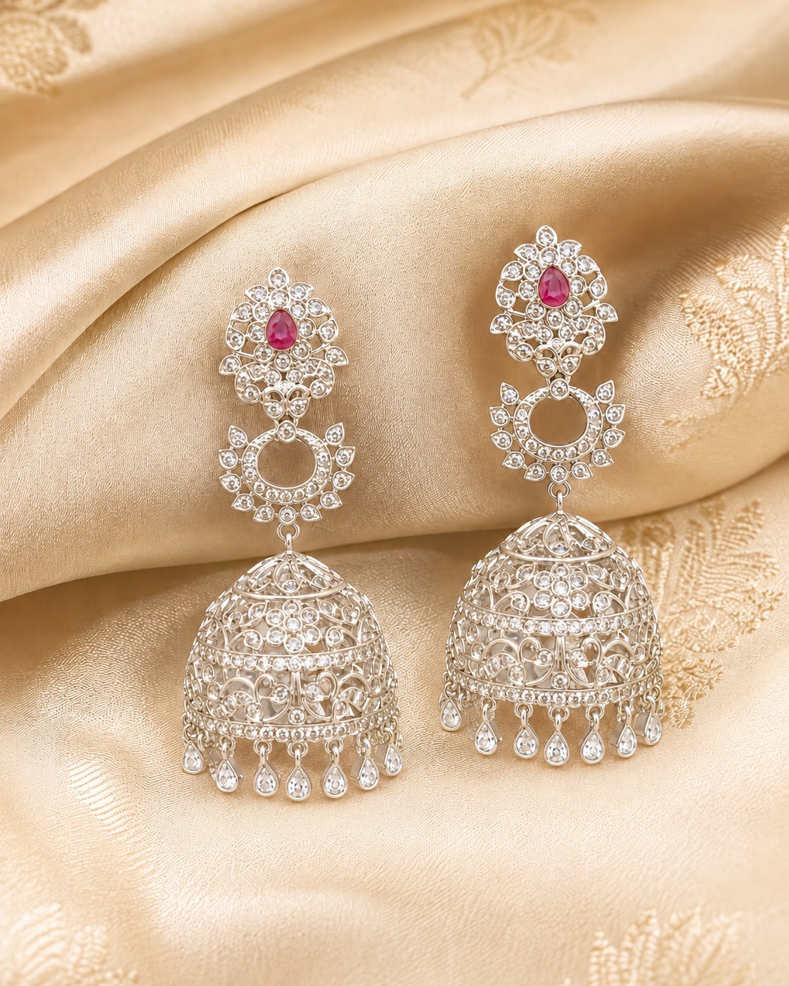 Pink Silver Rhodium CZ Three Tier Jhumka Earrings - silk styling view – view 3
