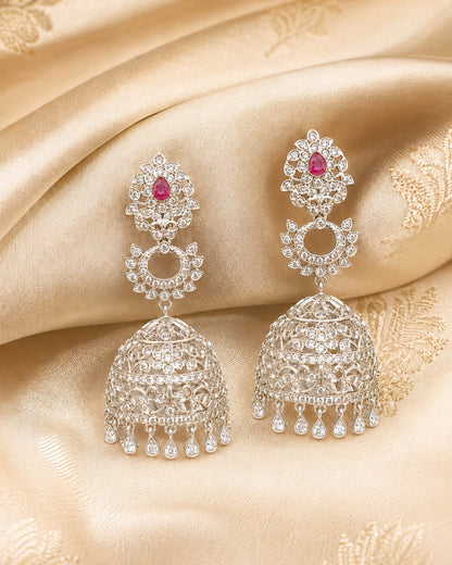 Pink Silver Rhodium CZ Three Tier Jhumka Earrings - silk styling view – view 3