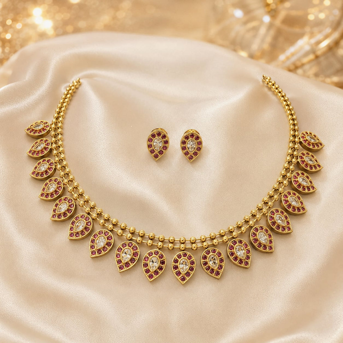 Ruby AD/CZ Necklace Set for Sarees & Receptions – ruby-tone necklace set with matching earrings styled with Indian – view 5