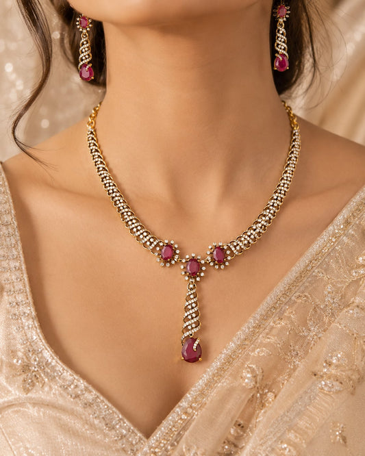 Ruby AD/CZ Twisted Chain Necklace Set for Receptions – ruby-tone necklace set with matching earrings styled with – view 2