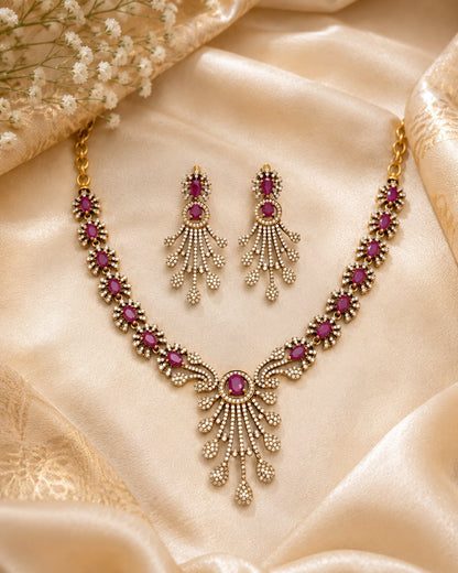 Ruby AD/CZ Chandelier Necklace Set for Receptions – ruby-tone necklace set with matching earrings styled with – front view