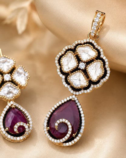Ruby AD/CZ Teardrop Pendant Set for Receptions – ruby-tone pendant set pendant and gold-polished detail – view 4
