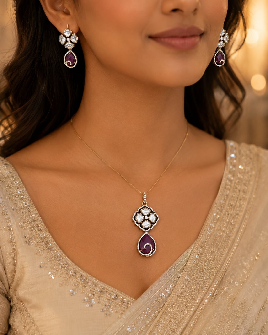 Ruby AD/CZ Teardrop Pendant Set for Receptions – ruby-tone pendant set styled with Indian occasion wear – view 2