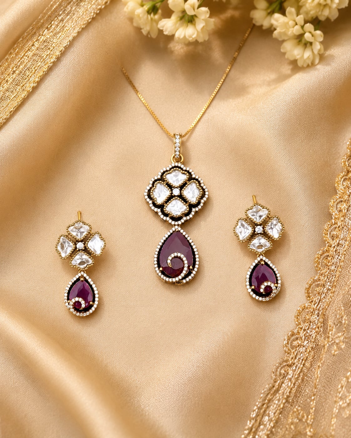 Ruby AD/CZ Teardrop Pendant Set for Receptions – ruby-tone pendant set styled with saree fabric for Indian occasion – view 3