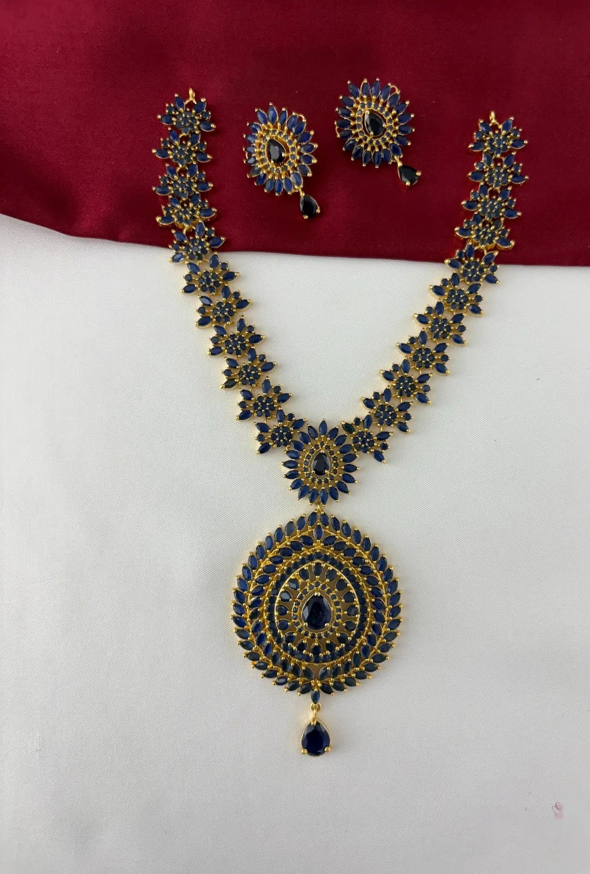 Sapphire-Tone AD/CZ Mandala Necklace Set – Gold Plated Sapphire Mandala Necklace and Earring Set - Full view – front view