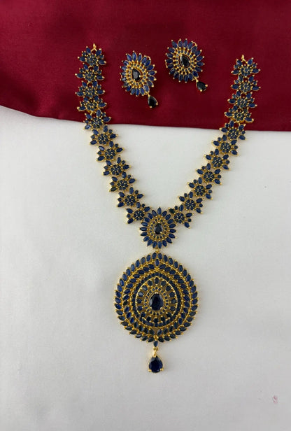 Sapphire-Tone AD/CZ Mandala Necklace Set – Gold Plated Sapphire Mandala Necklace and Earring Set - Full view – front view