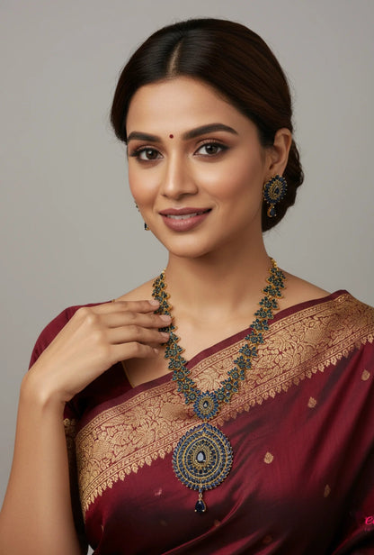 Sapphire-Tone AD/CZ Mandala Necklace Set – Gold Plated Sapphire Mandala Necklace Set - Model wearing intricate set – view 2