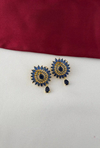 Sapphire-Tone AD/CZ Mandala Necklace Set – Gold Plated Sapphire Floral Earrings - Close-up view revealing detailed – view 3