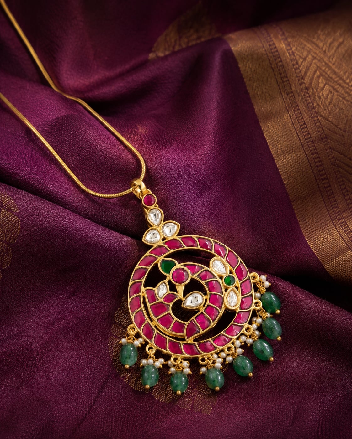 jadau kundan Mayur Pathakam Peacock Pendant - saree styling view – view 3