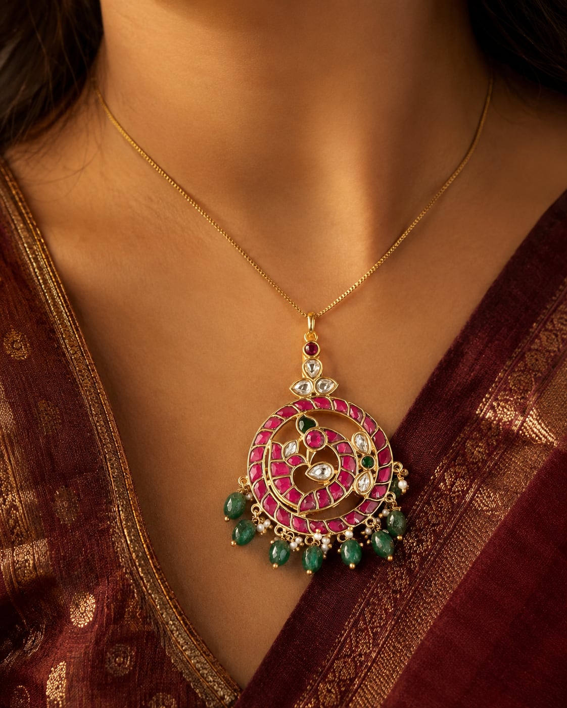 jadau kundan Mayur Pathakam Peacock Pendant - wearing-scale view – view 2