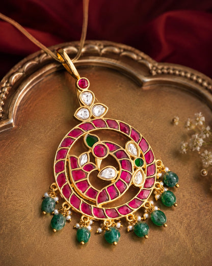 jadau kundan Mayur Pathakam Peacock Pendant - front view