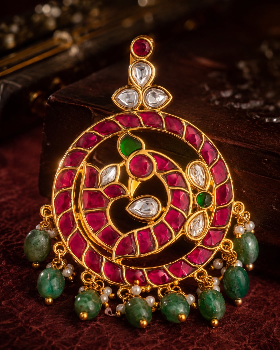 jadau kundan Mayur Pathakam Peacock Pendant - motif detail view – view 4
