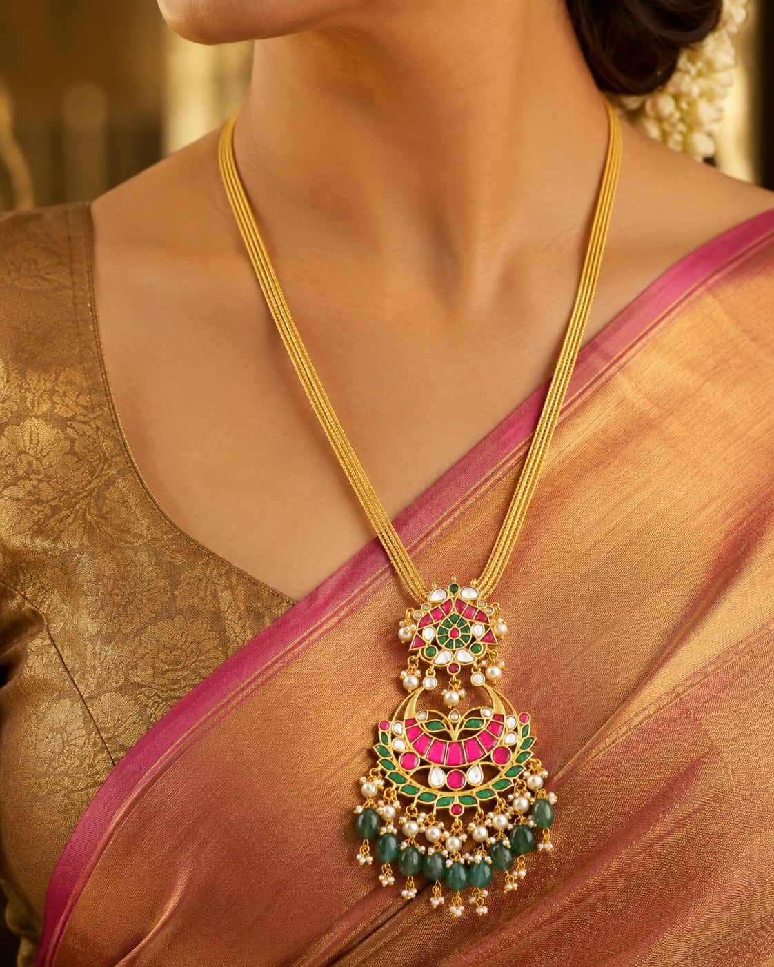 tiered floral jadau kundan pendant set pendant set on jewellery display – view 2