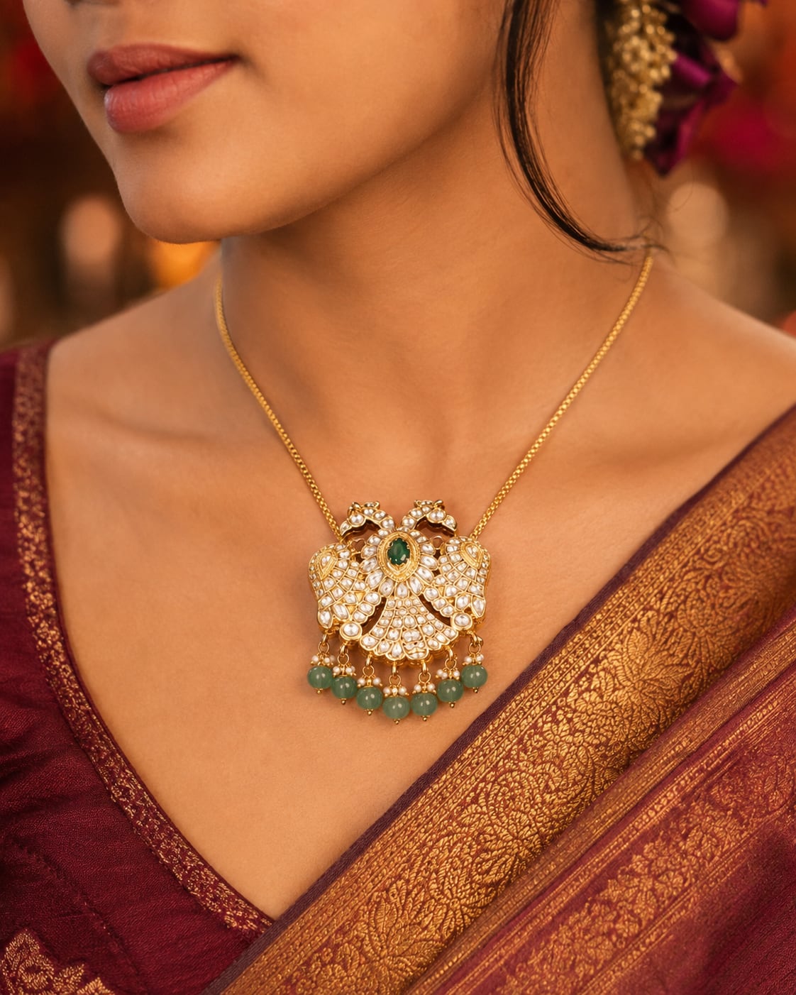 jadau kundan Double-Sided Gandaberunda Reversible Pendant - saree styling view – view 3