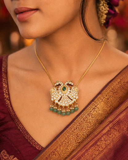 jadau kundan Double-Sided Gandaberunda Reversible Pendant - saree styling view – view 3