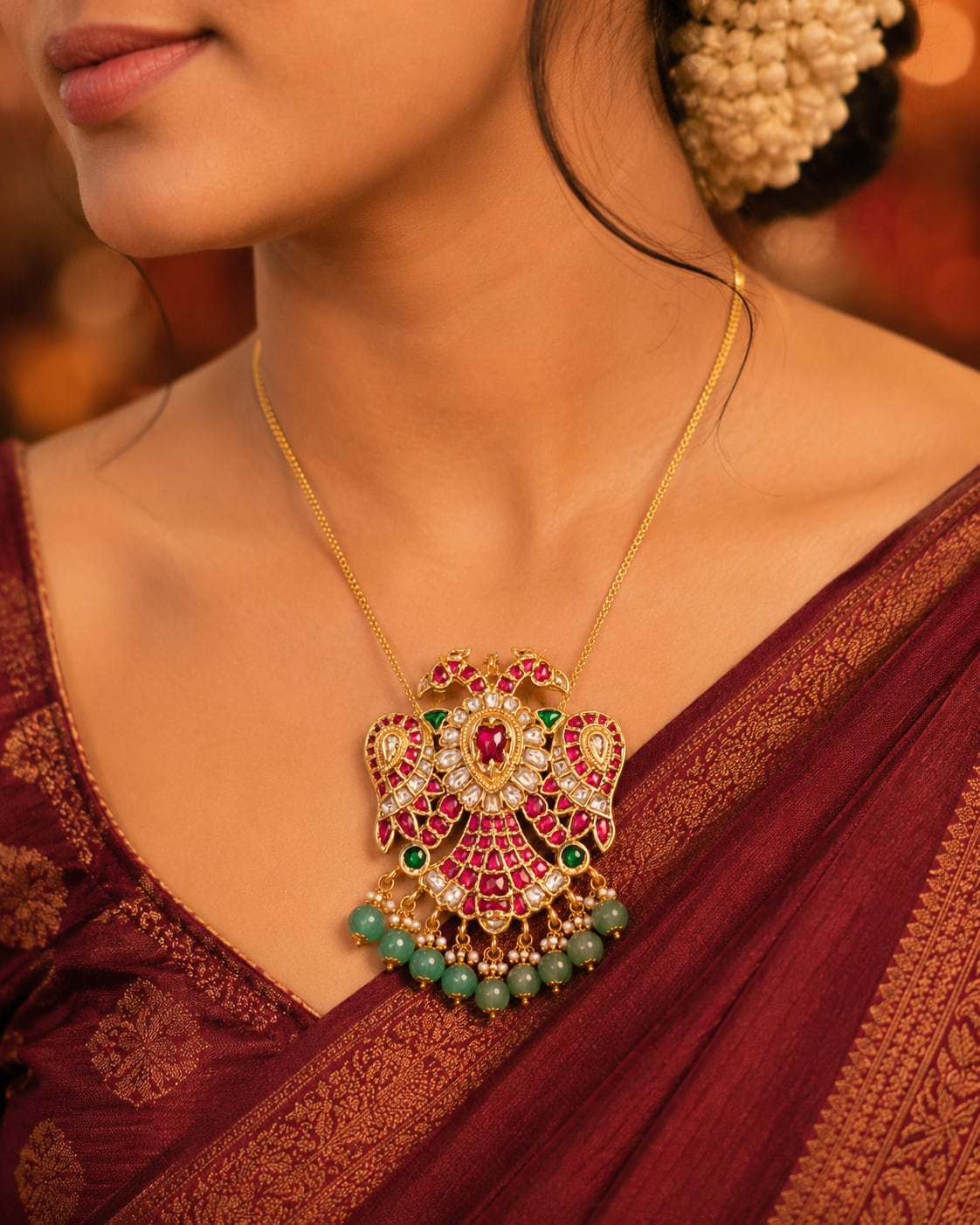jadau kundan Double-Sided Gandaberunda Reversible Pendant - wearing-scale view – view 2
