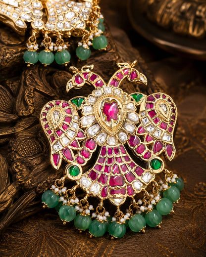 jadau kundan Double-Sided Gandaberunda Reversible Pendant - jewellery display view – view 5