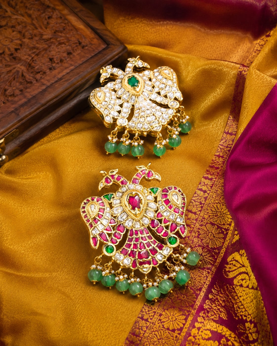 jadau kundan Double-Sided Gandaberunda Reversible Pendant - front view