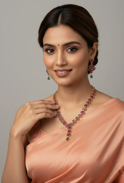 Vine Necklace Set with Ruby and Emerald Accents – Gold Plated Ruby Emerald Necklace Set - Model wearing elegant set – view 2