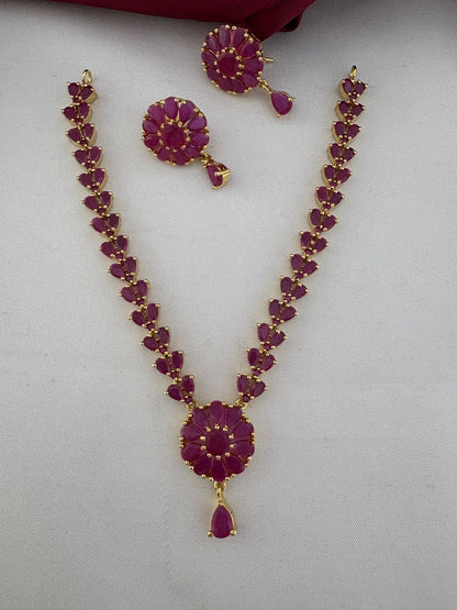Vintage Ruby CZ Short Necklace Set for Heritage Lovers – D2542 Vintage Ruby-Tone CZ Short Necklace and Earrings – front view