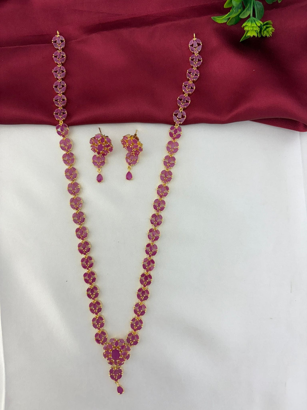 Vintage Vine Ruby Long Necklace & Earring Set - Full view of the ruby necklace and matching earrings – front view