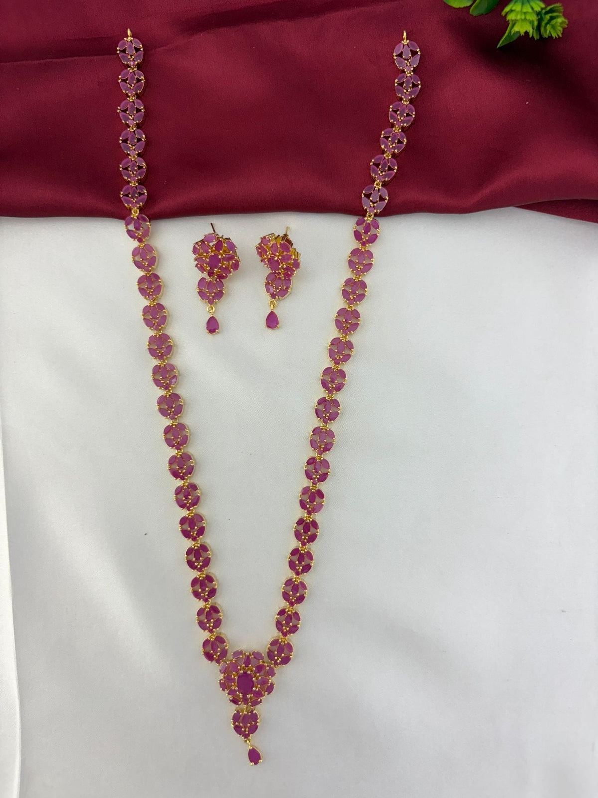 Vintage Vine Ruby Long Necklace & Earring Set - Clearly showing the linked ruby design and earring pair – view 4
