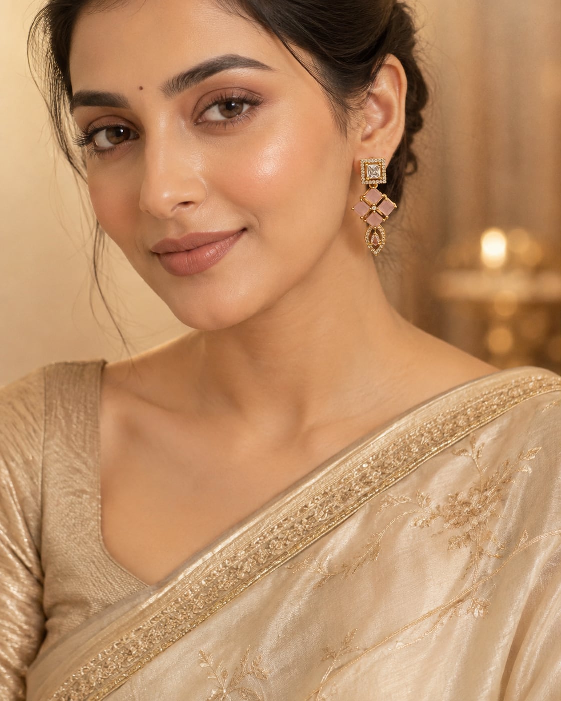 Blush Pink Geometric Victorian-Style CZ Hanging Earrings – white AD/CZ earrings styled with saree fabric for Indian – view 3